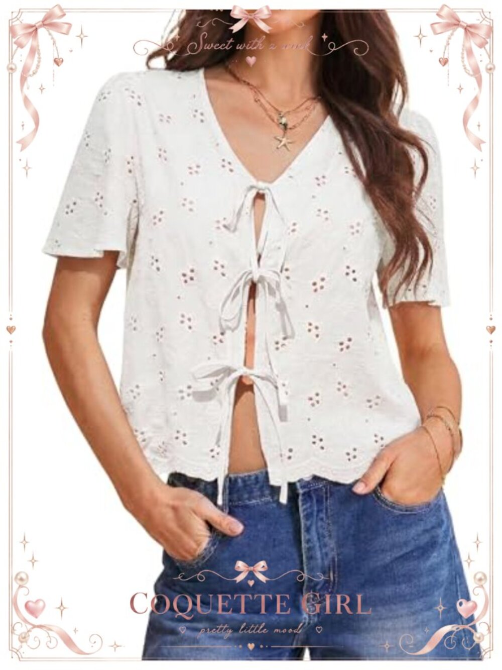 Cotton Eyelet Tie Front Blouse Boho V Neck Embroidered Summer Top